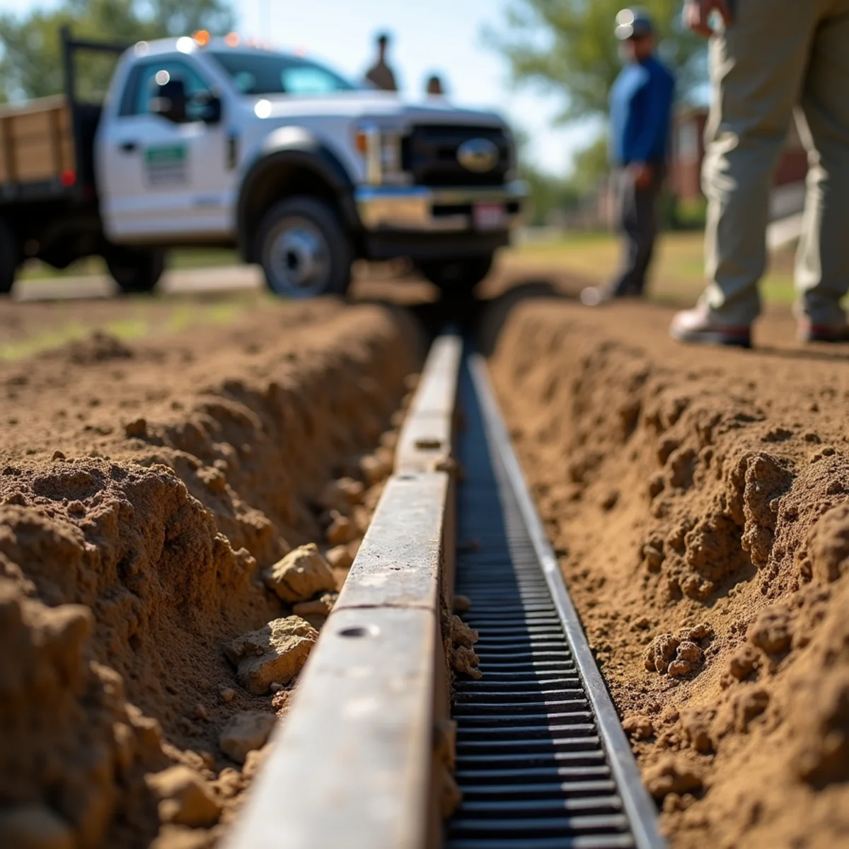 Oakwood Landscaping crew performing french drains & yard drainage in Round Rock, TX