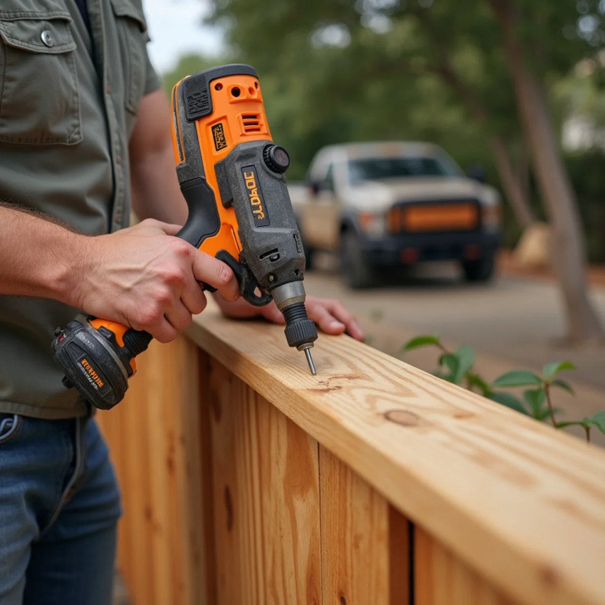 Oakwood Landscaping crew performing custom cedar privacy fencing in Round Rock, TX