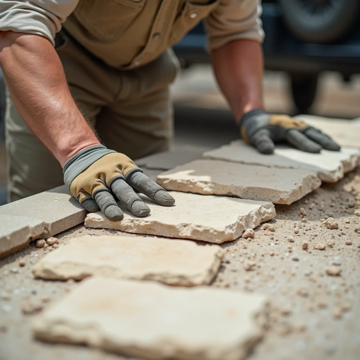 Oakwood Landscaping crew performing flagstone patios & limestone masonry in Round Rock, TX