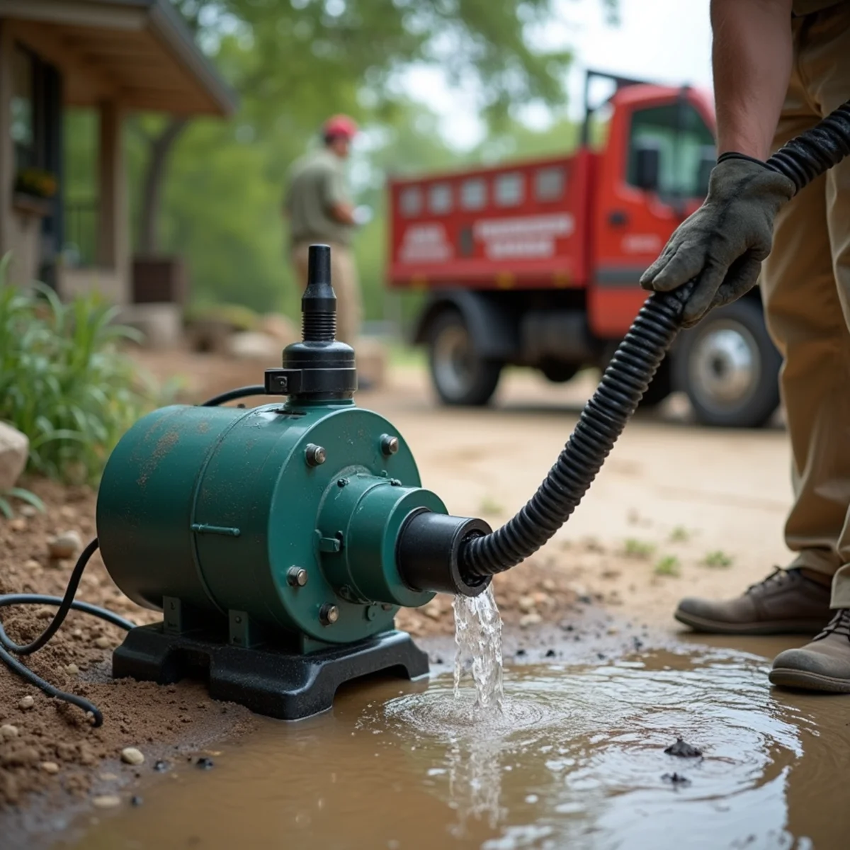 Oakwood Landscaping crew performing flash flood drainage & pump repair in Round Rock, TX