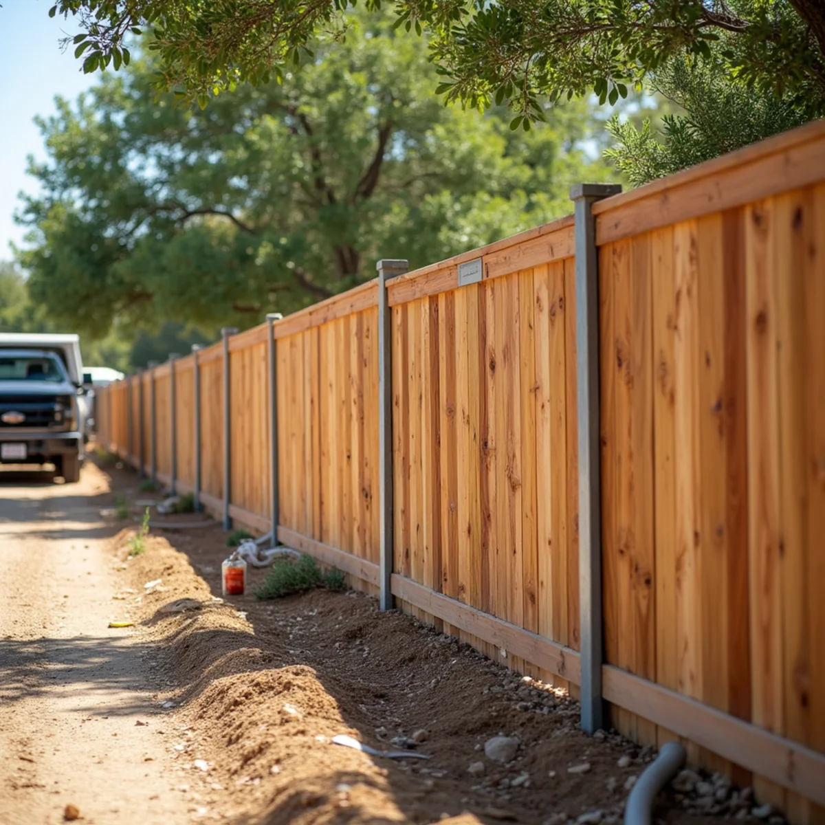 Cedar Privacy Fence on Steel Posts project in Round Rock, TX by Oakwood Landscaping