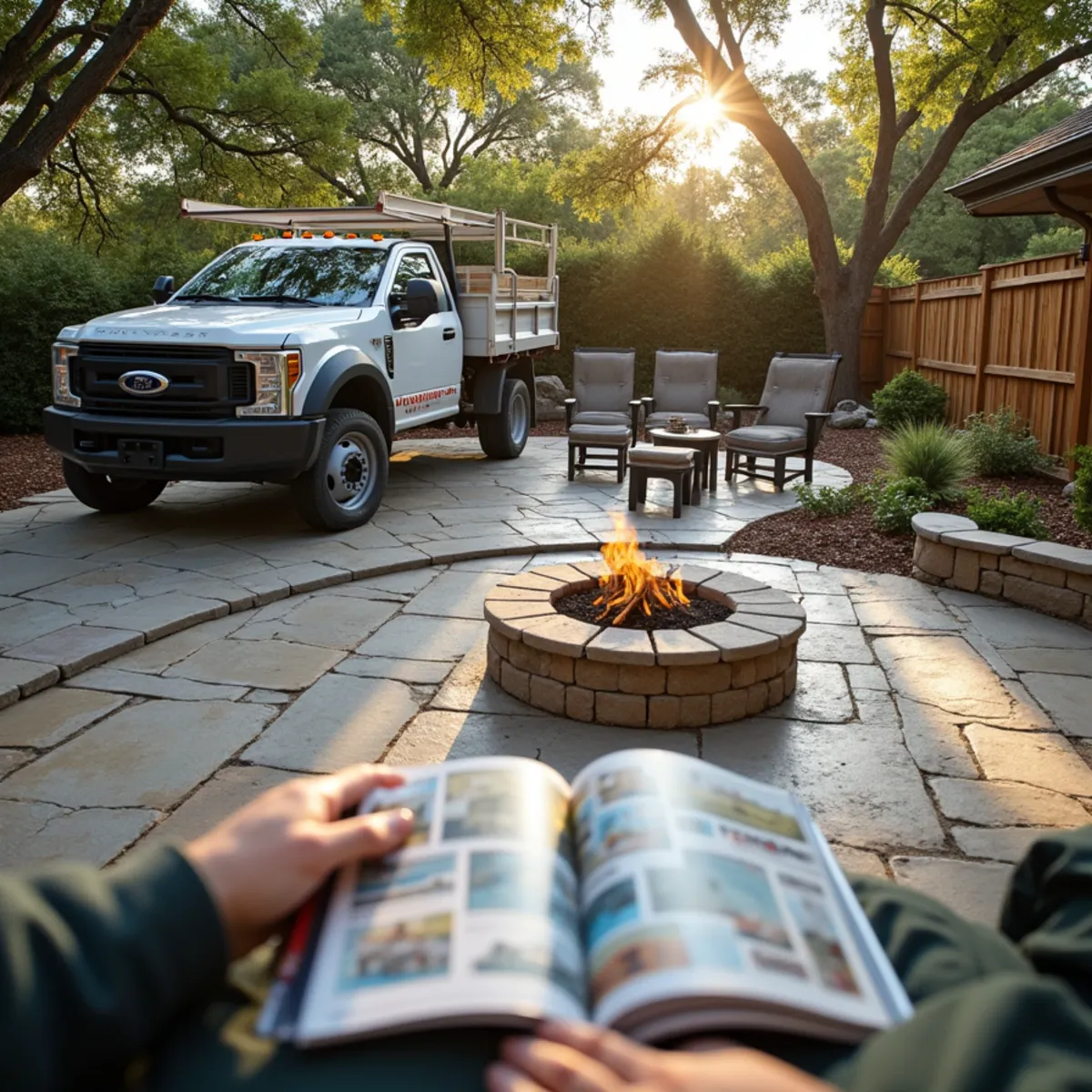 Flagstone Patio & Fire Pit project in Round Rock, TX by Oakwood Landscaping