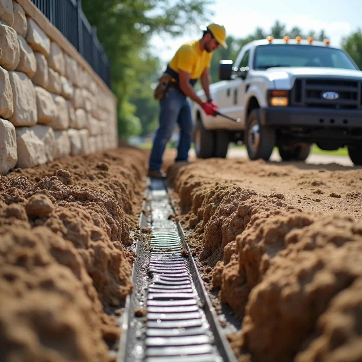 Oakwood Landscaping crew performing retaining wall failure shoring & repair in Round Rock, TX