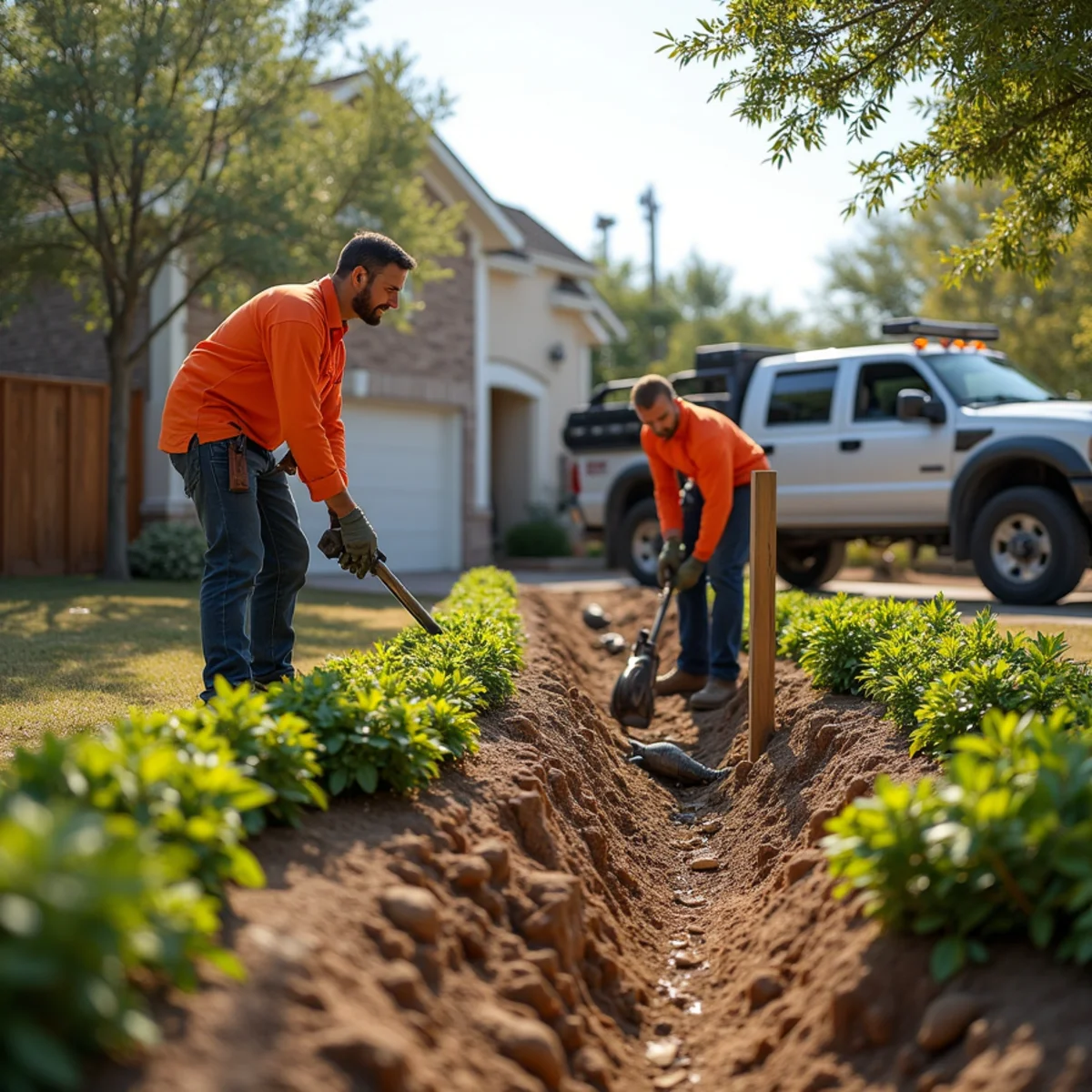 Oakwood Landscaping crew installing an irrigation system and cedar fence in Round Rock, TX