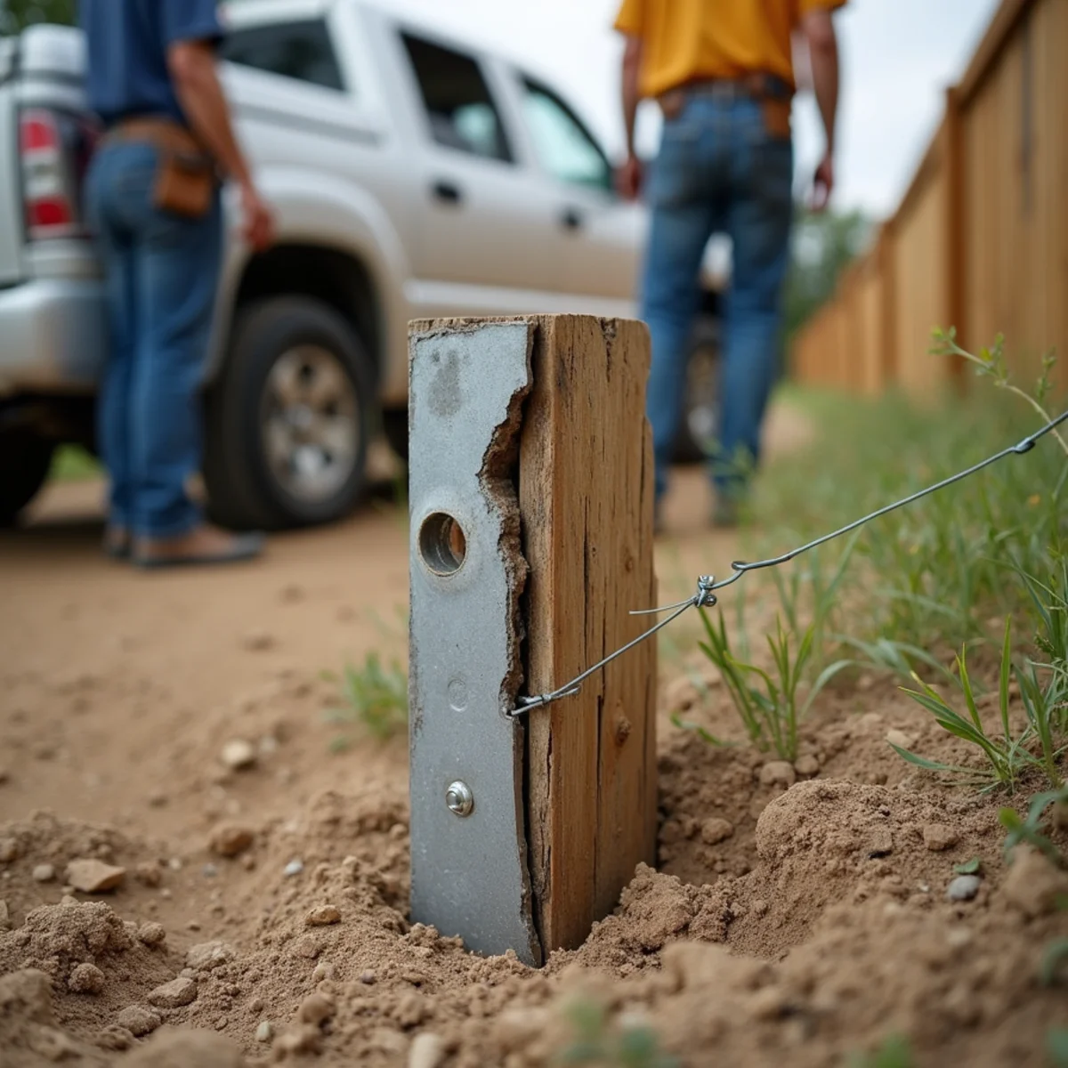 Oakwood Landscaping crew performing storm wind fence collapse repair in Round Rock, TX