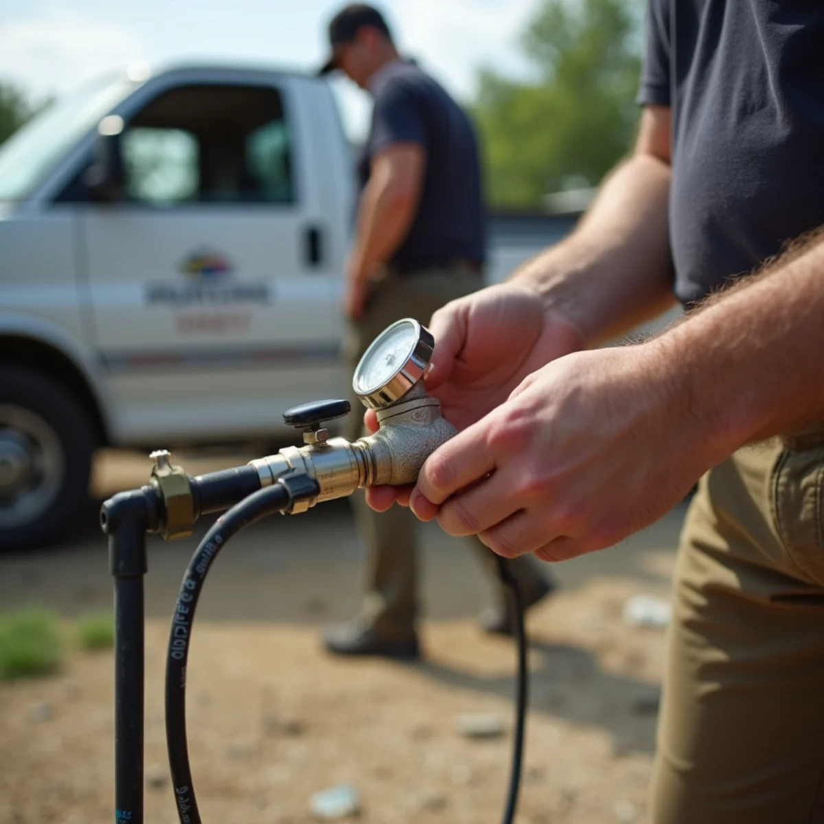Oakwood Landscaping crew performing tceq backflow testing & certification in Round Rock, TX